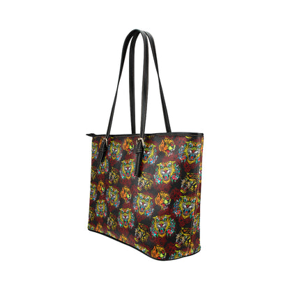Tattoo Tiger Colorful Design Leather Tote Bag