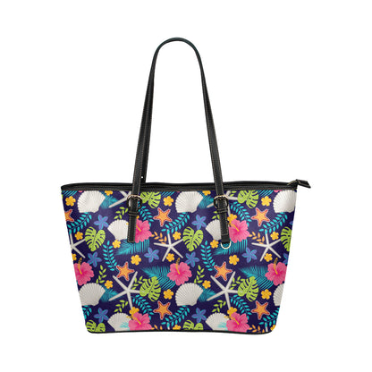 Beach Seashell Floral Theme Leather Tote Bag