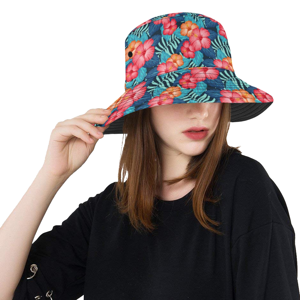 Red Hibiscus Pattern Print Design HB02 Unisex Bucket Hat