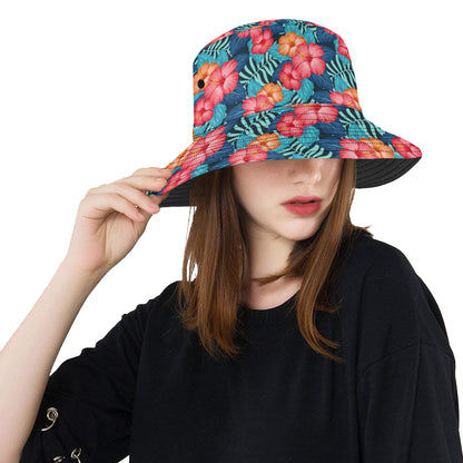Red Hibiscus Pattern Print Design HB02 Unisex Bucket Hat