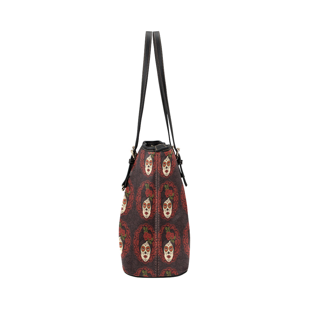 Day of the Dead Mexican Girl Leather Tote Bag