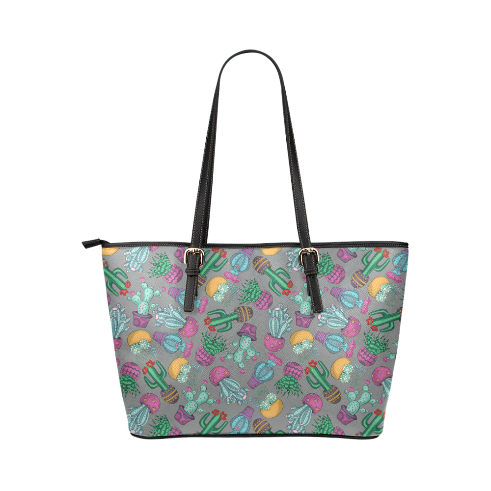 Cactus Colorful Print Pattern Leather Tote Bag