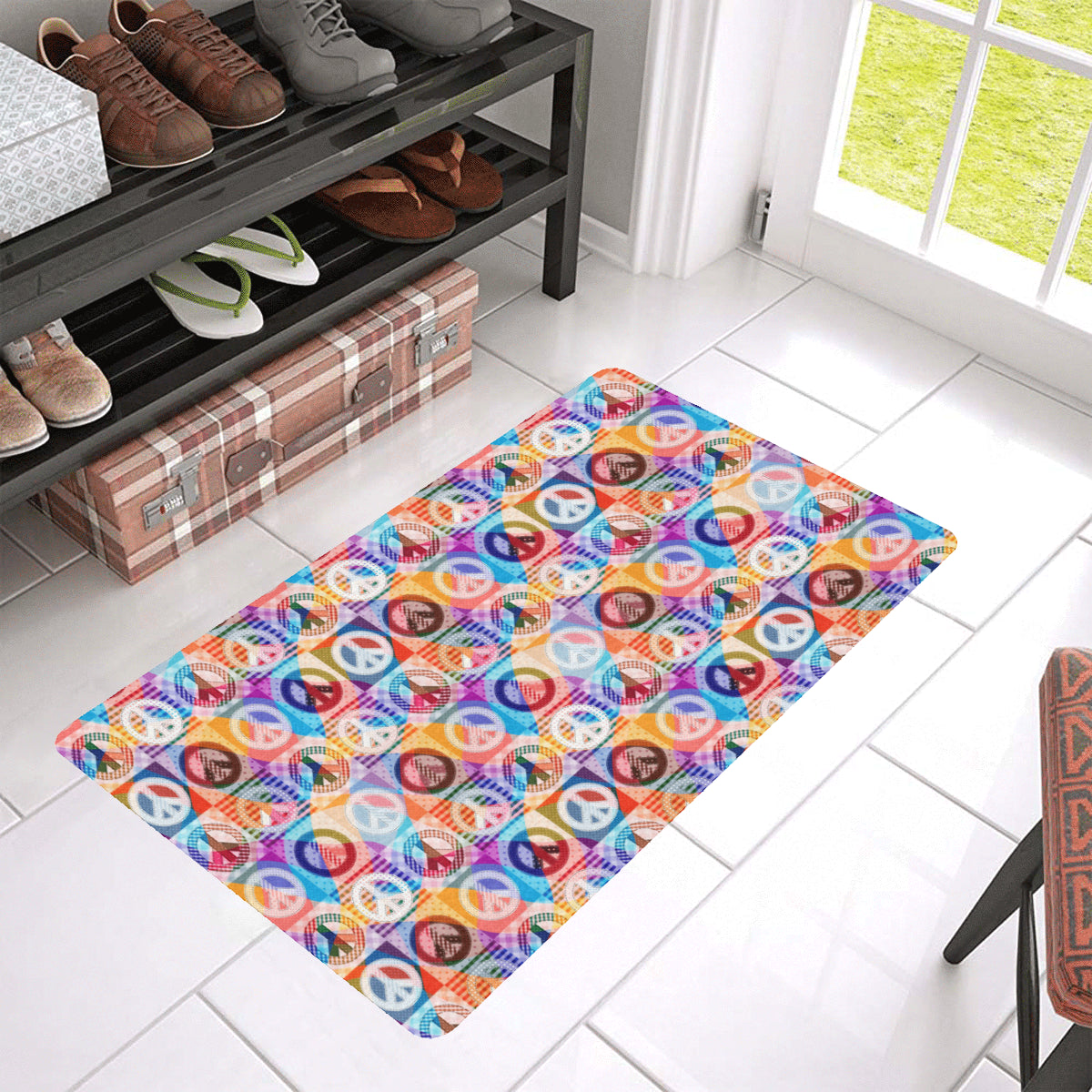 Peace Sign Patchwork Design Print Rubber Doormat
