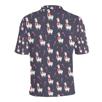 Llama with Candy Cane Themed Print Men Polo Shirt