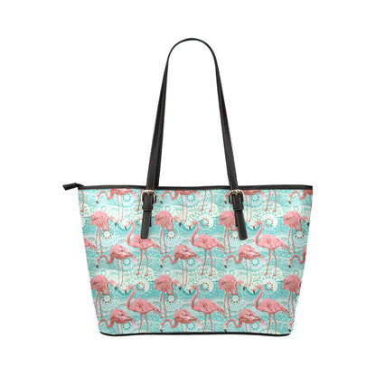 Flamingo Background Themed Print Leather Tote Bag