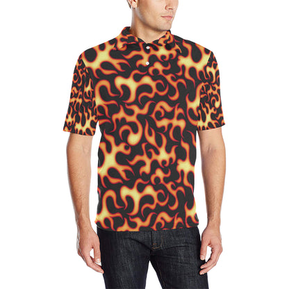 Flame Fire Themed Print Men Polo Shirt