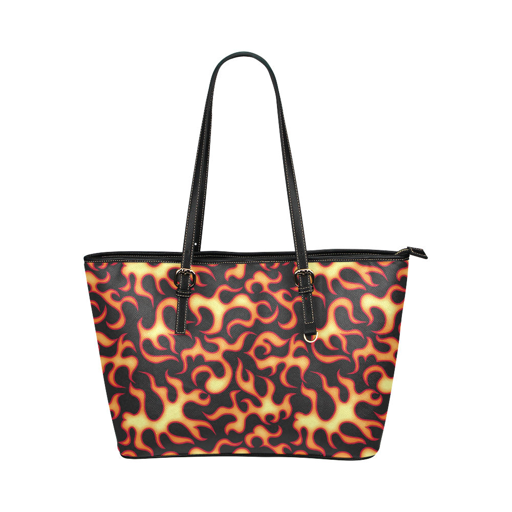 Flame Fire Themed Print Leather Tote Bag