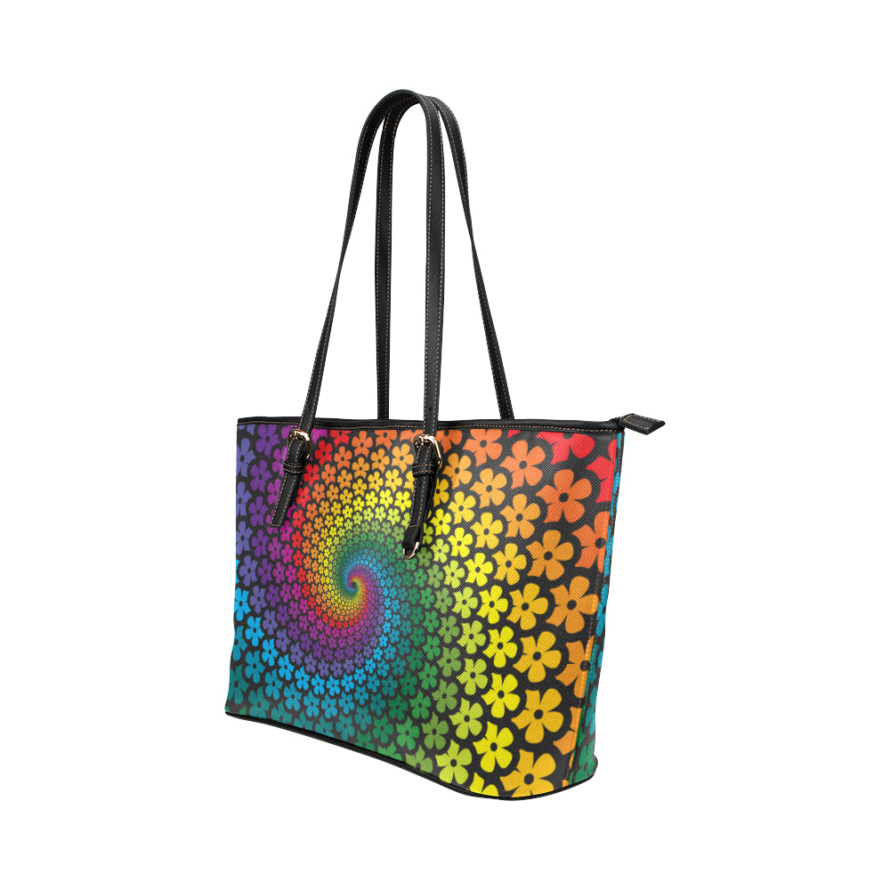 Flower Power Rainbow Spiral Print Leather Tote Bag