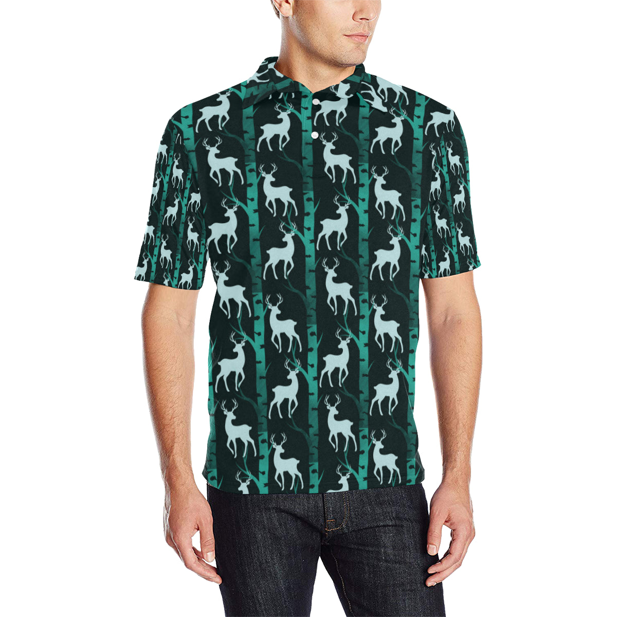 Deer Jungle Print Pattern Men Polo Shirt