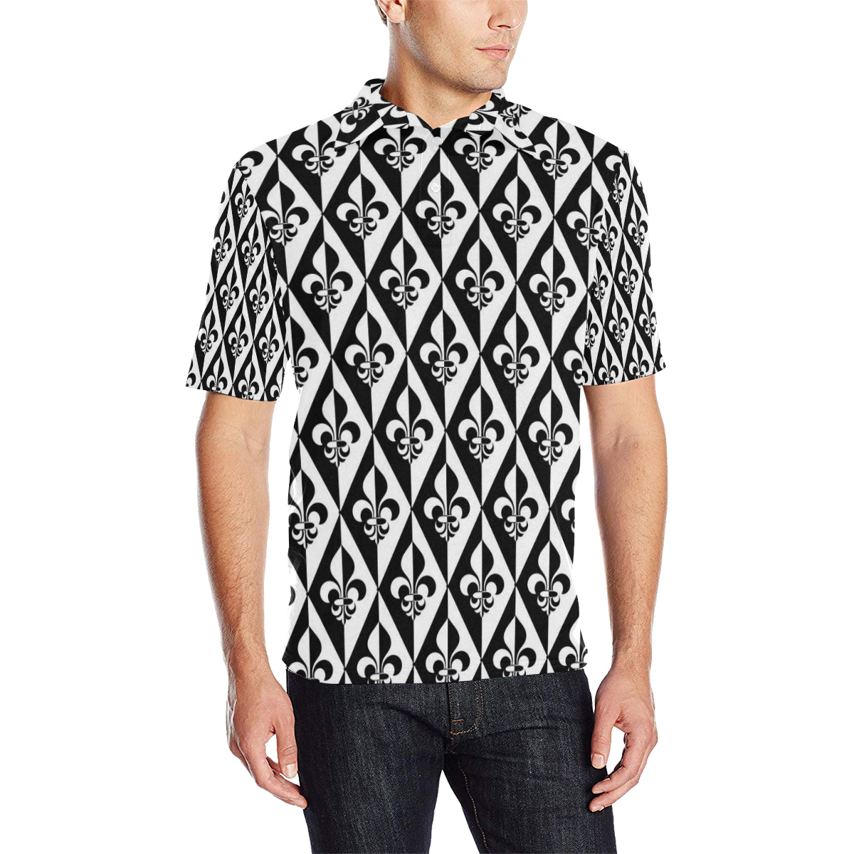 Fleur De Lis Black White Pattern Print Design 02 Men Polo Shirt