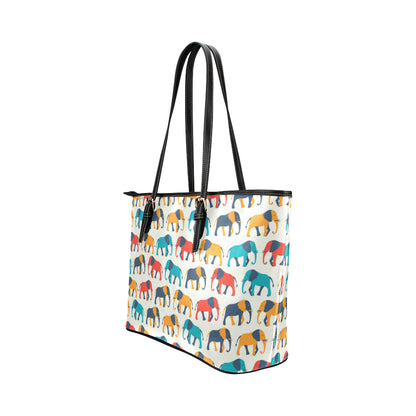 Elephant Colorful Print Pattern Leather Tote Bag