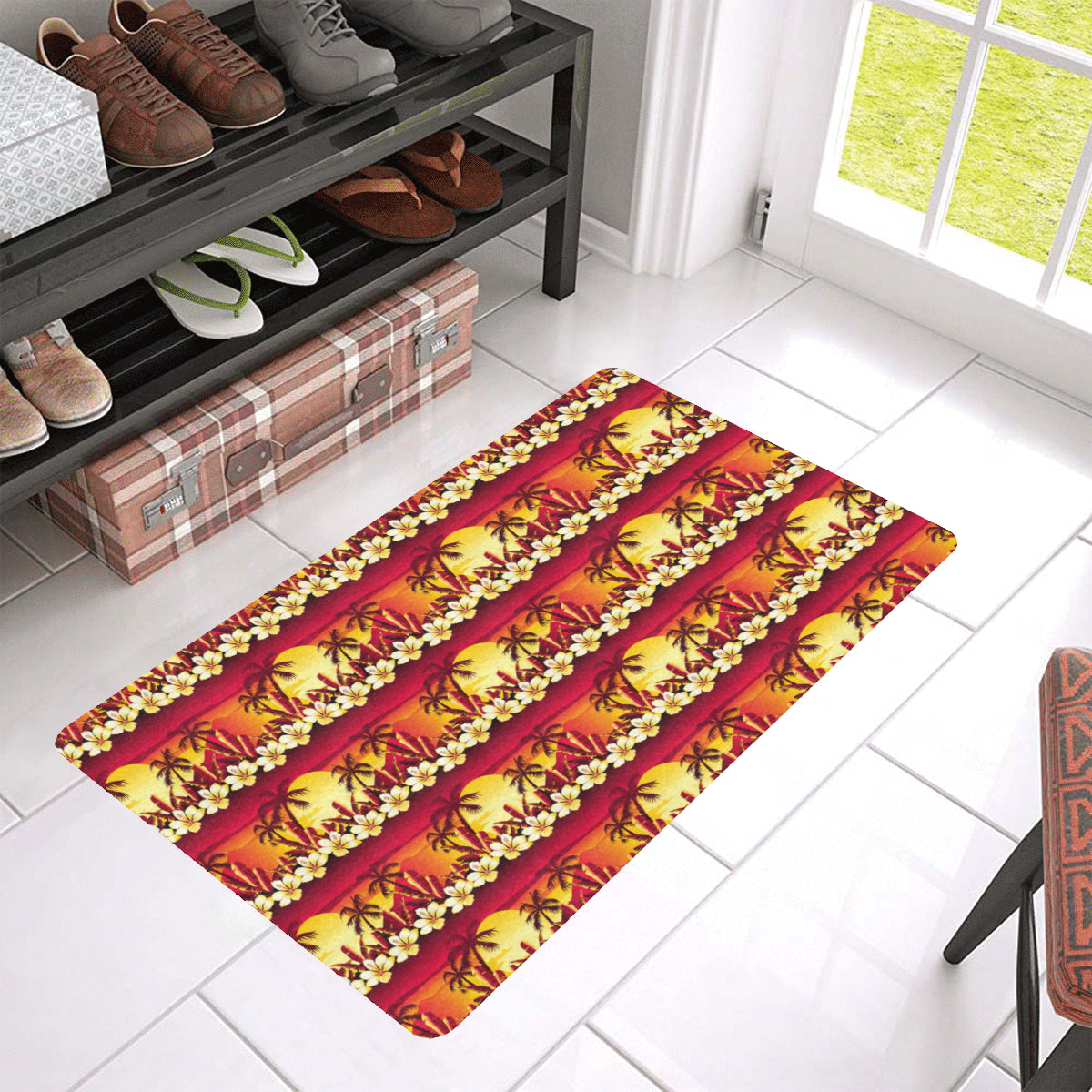 Hawaiian Tropical Sunset Hibiscus Print Rubber Doormat