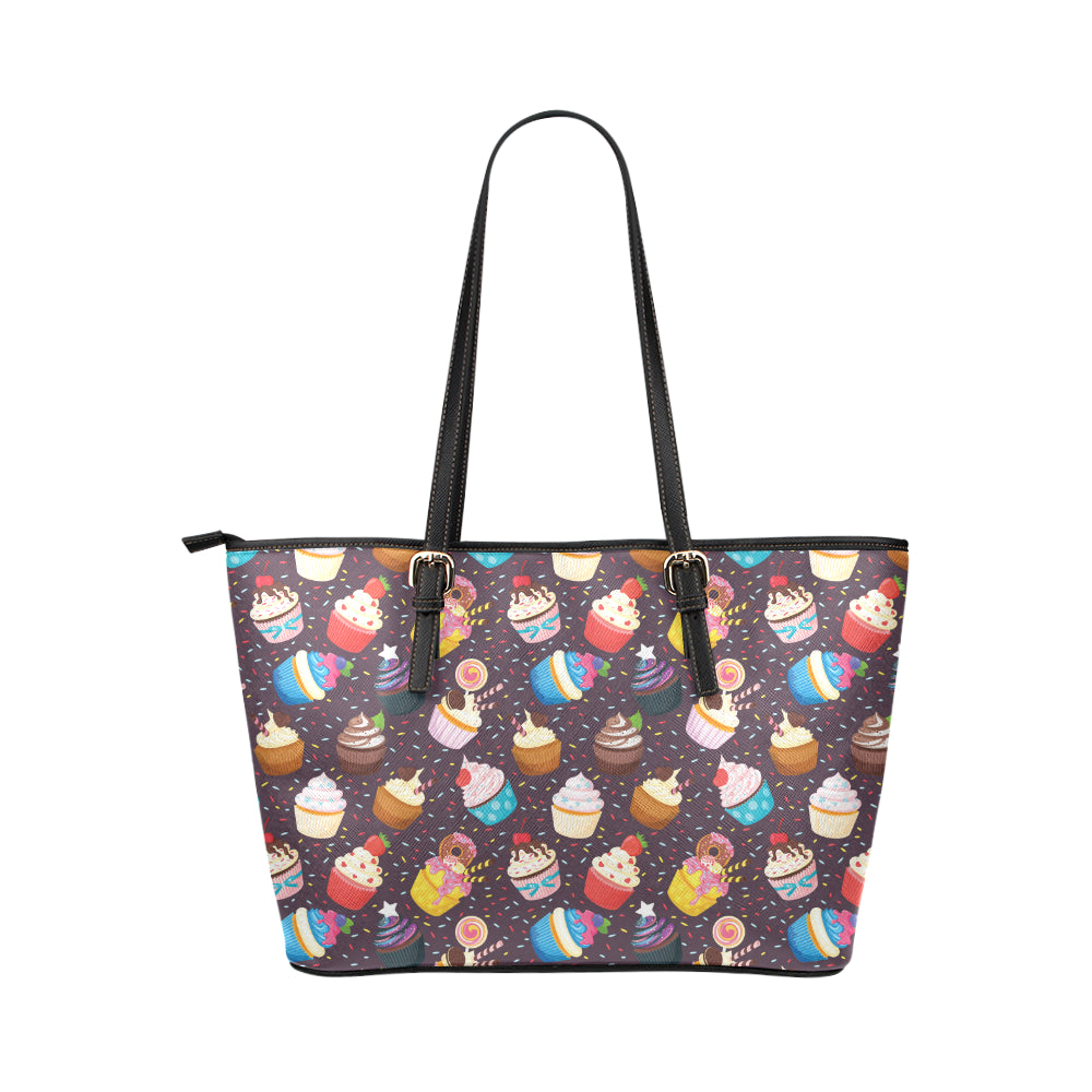 Cupcakes Party Print Pattern Leather Tote Bag