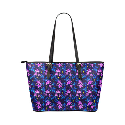 Palm Tree Night Scene Design Print Leather Tote Bag