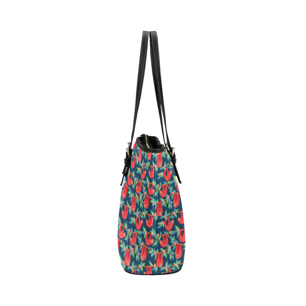 Sloth Red Design Themed Print Leather Tote Bag