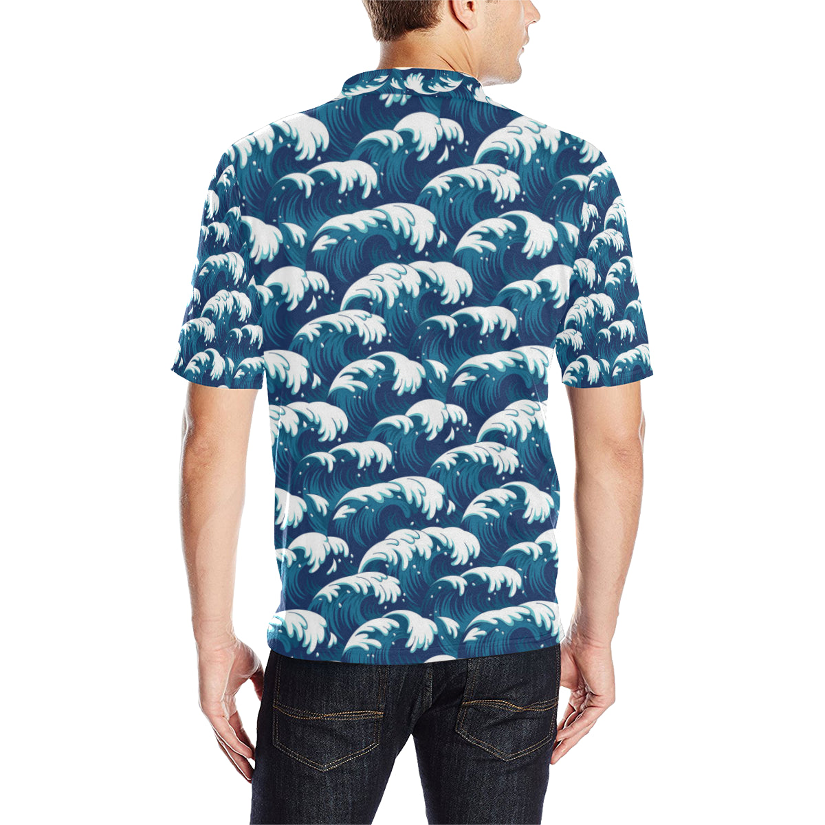 Ocean Wave Pattern Print Men Polo Shirt