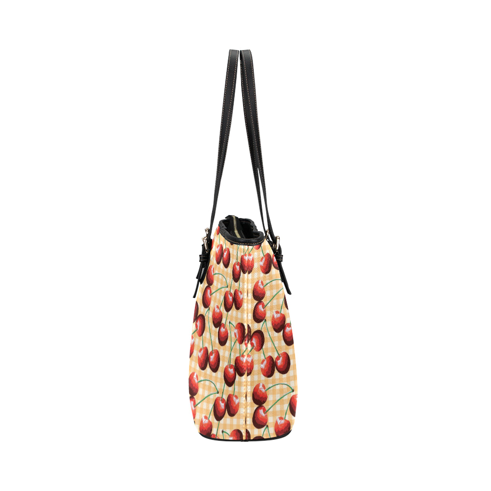 Cherry Orange Plaid Print Leather Tote Bag