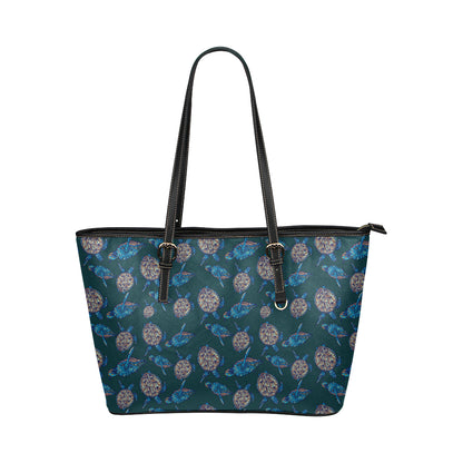 Sea Turtle Hand Drawn Blue Print Leather Tote Bag