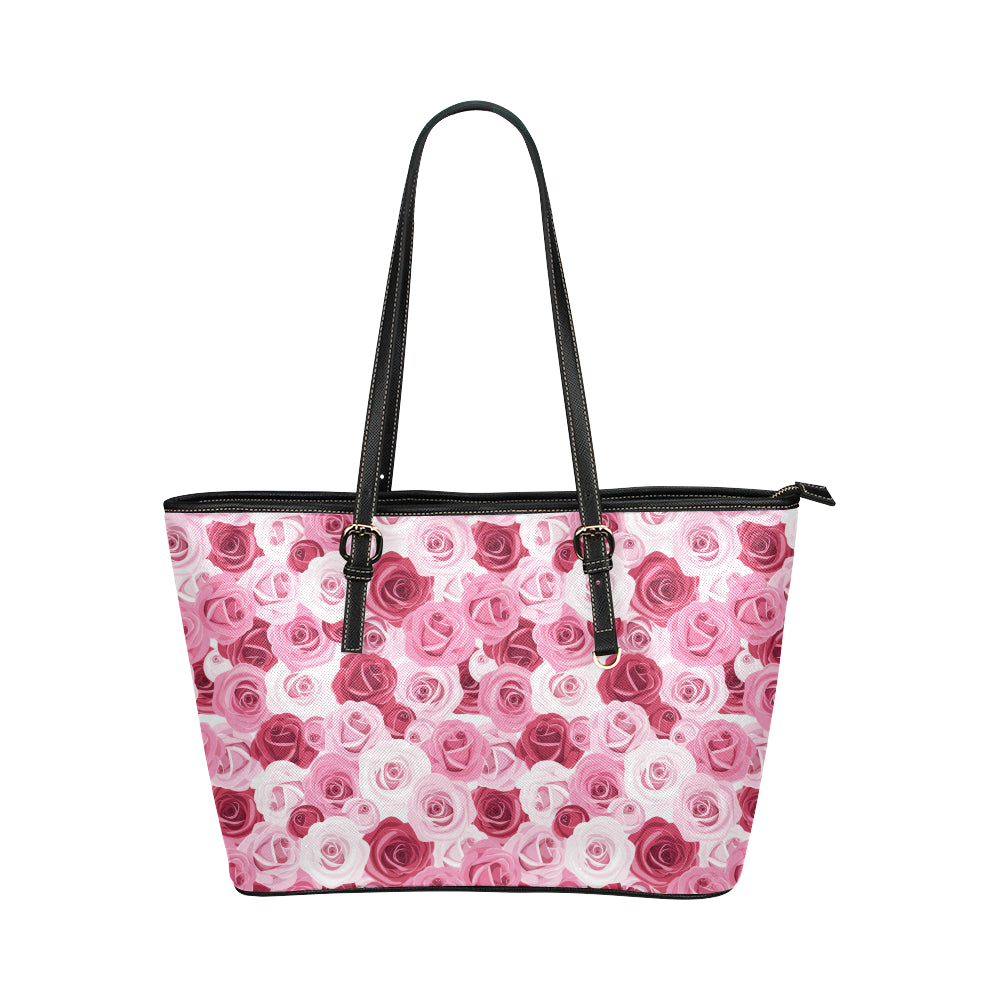 Pink Red Rose Pattern Print Leather Tote Bag