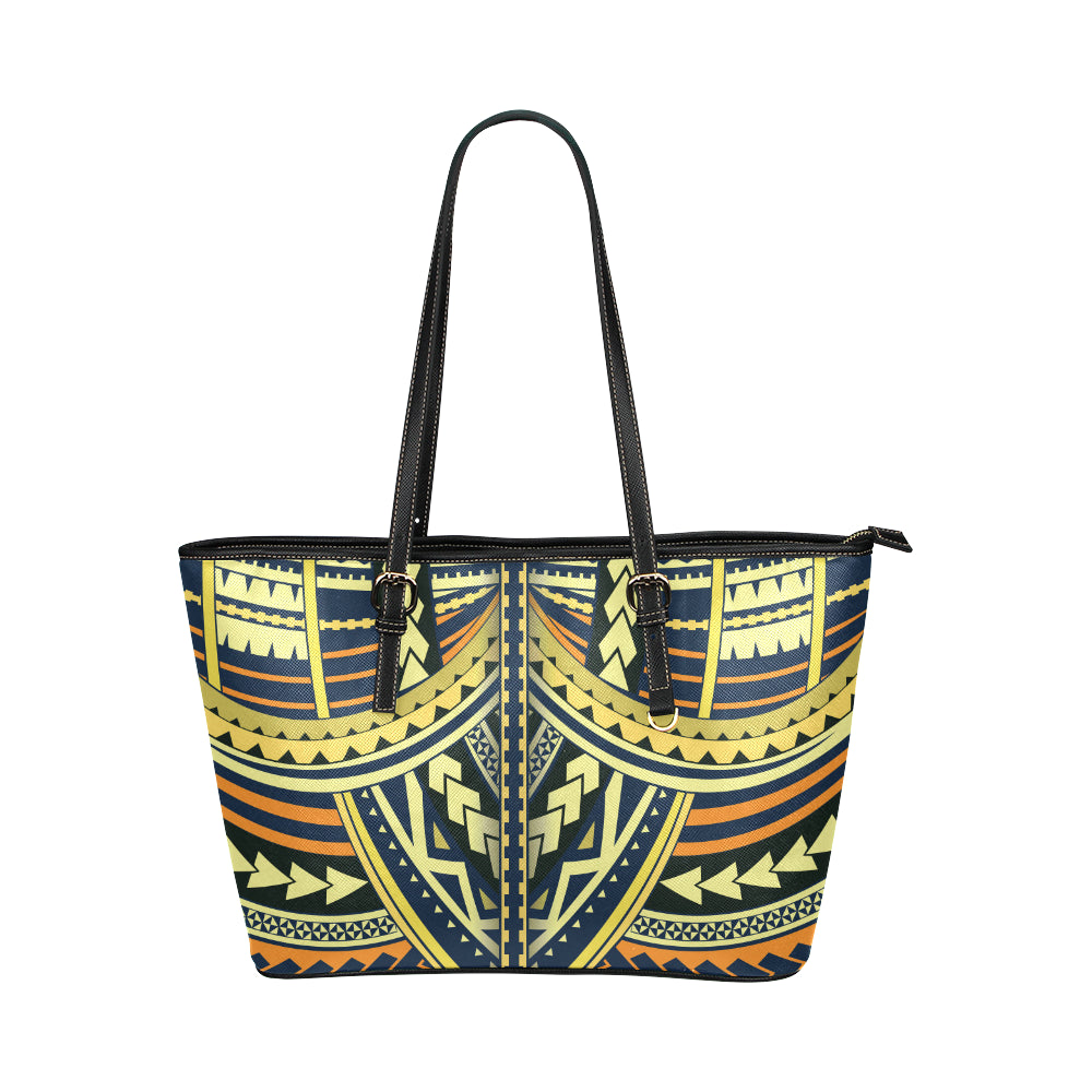Polynesian Tattoo Print Leather Tote Bag