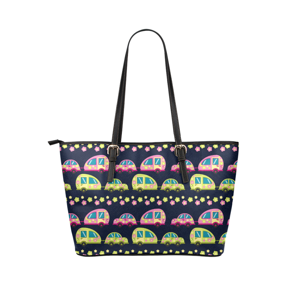 Camper Cute Camping Design No 3 Print Leather Tote Bag