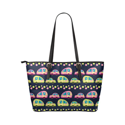 Camper Cute Camping Design No 3 Print Leather Tote Bag