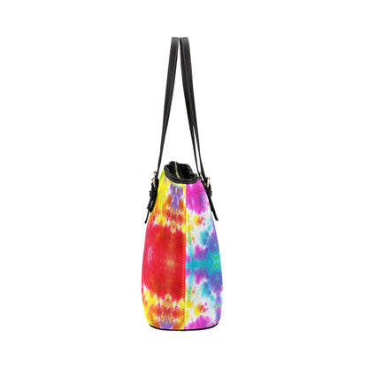 Tie Dye Rainbow Themed Print Leather Tote Bag