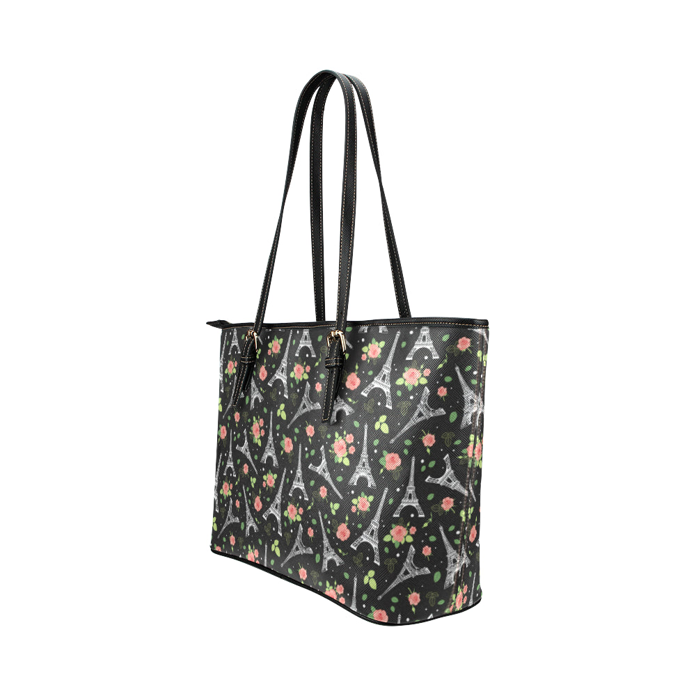 Eiffel Tower Rose Print Leather Tote Bag