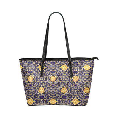 Celestial Gold Sun Face Leather Tote Bag