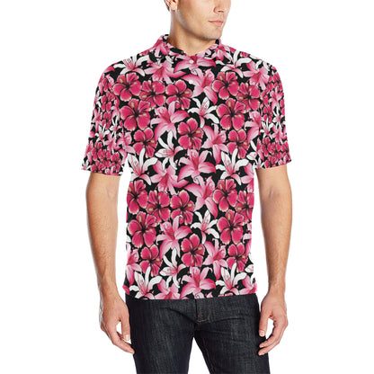 Flower Hawaiian Pink Red  Hibiscus Print Men Polo Shirt