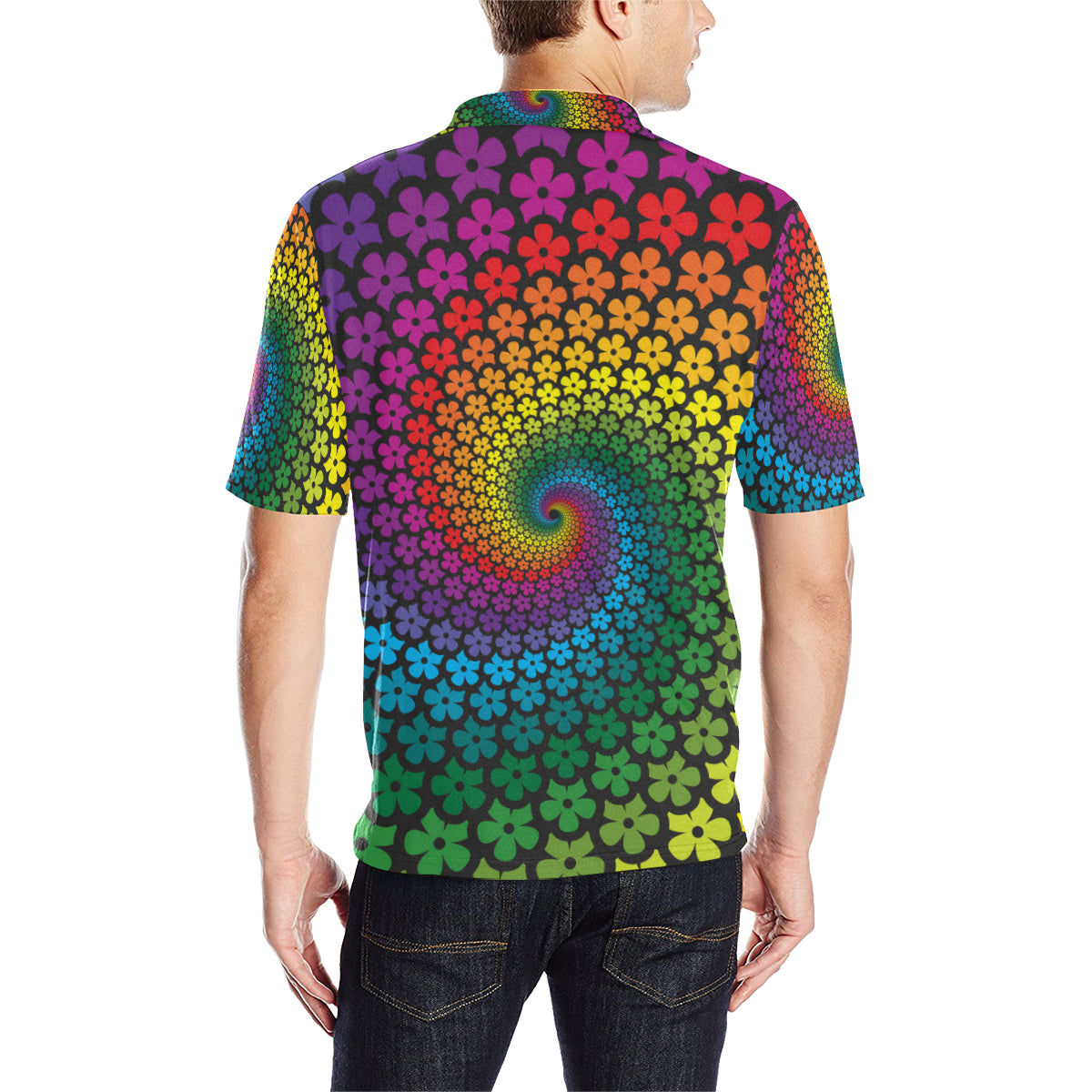 Flower Power Rainbow Spiral Print Men Polo Shirt