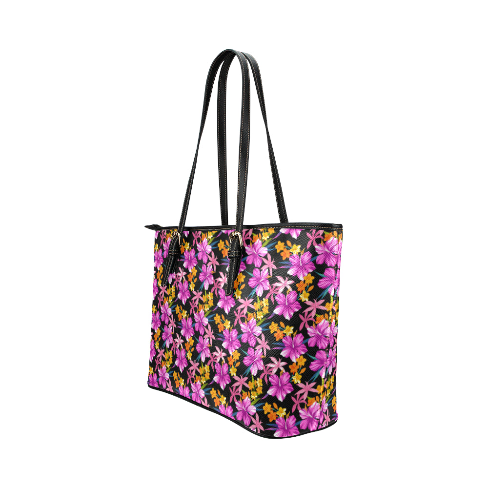 Tropical Folower Pink Hibiscus Print Leather Tote Bag