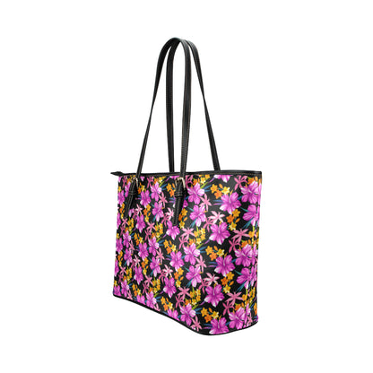 Tropical Folower Pink Hibiscus Print Leather Tote Bag