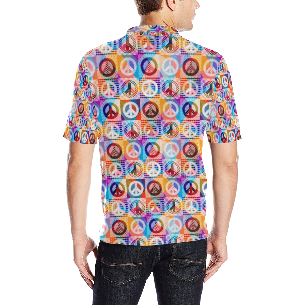 Peace Sign Patchwork Design Print Men Polo Shirt