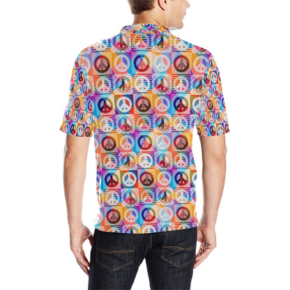 Peace Sign Patchwork Design Print Men Polo Shirt