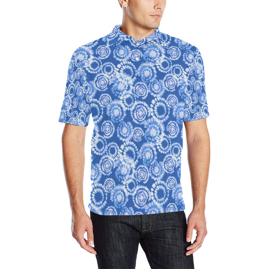 Tie Dye Blue Design Print Men Polo Shirt