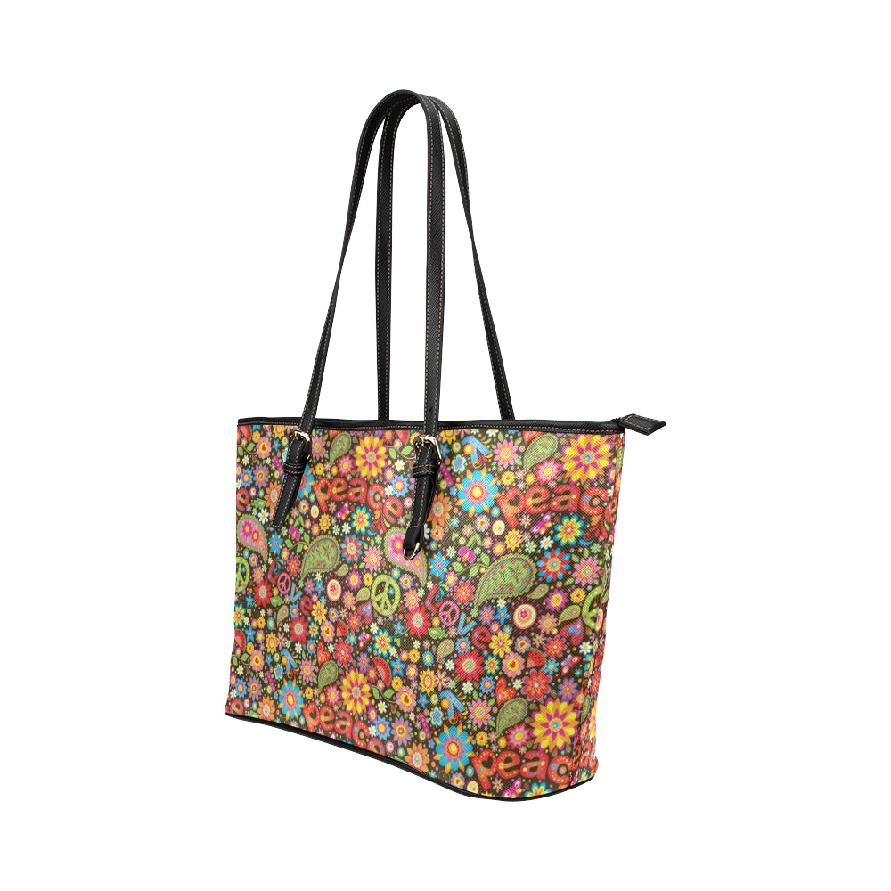 Flower Power Peace Paisley Themed Print Leather Tote Bag