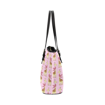 Giraffe Cute Pink Polka Dot Print Leather Tote Bag