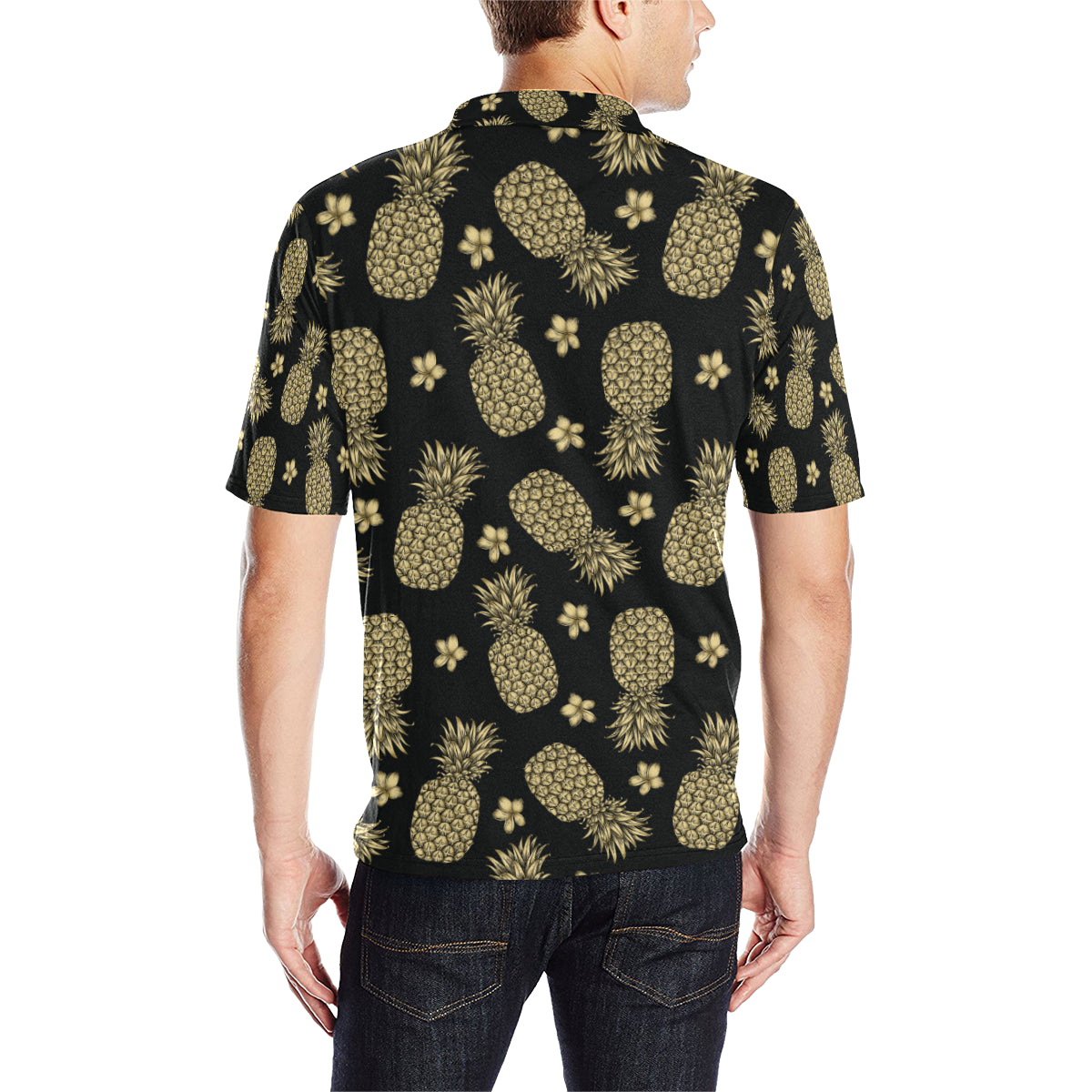 Gold Pineapple Hibiscus Men Polo Shirt