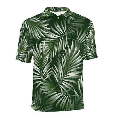 White Green Tropical Palm Leaves Men Polo Shirt