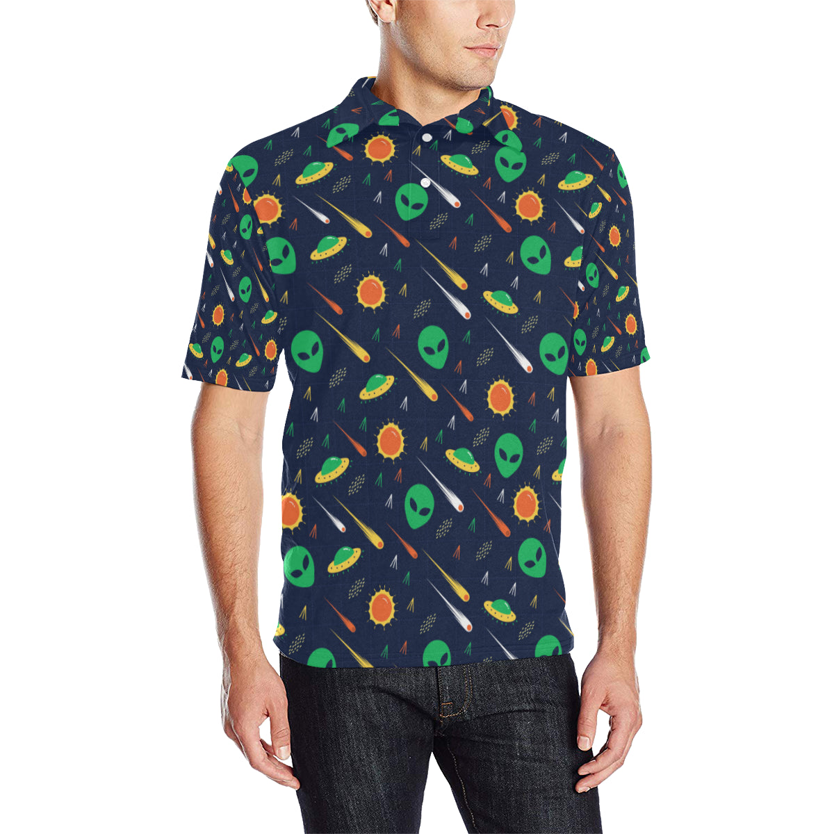 Alien UFO Pattern Print Design 05 Men Polo Shirt