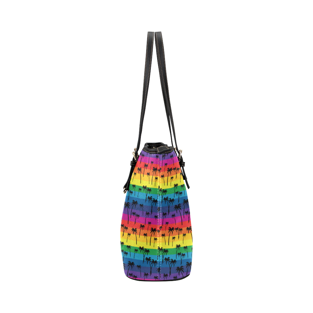 Palm Tree Rainbow Themed Print Leather Tote Bag