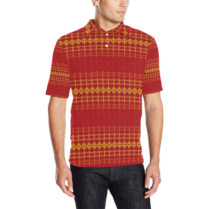 Southwest Red Gold Design Themed Print Men Polo Shirt
