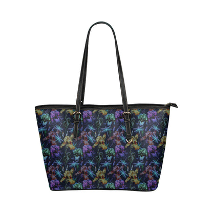 Dragonfly With Floral Print Pattern Leather Tote Bag