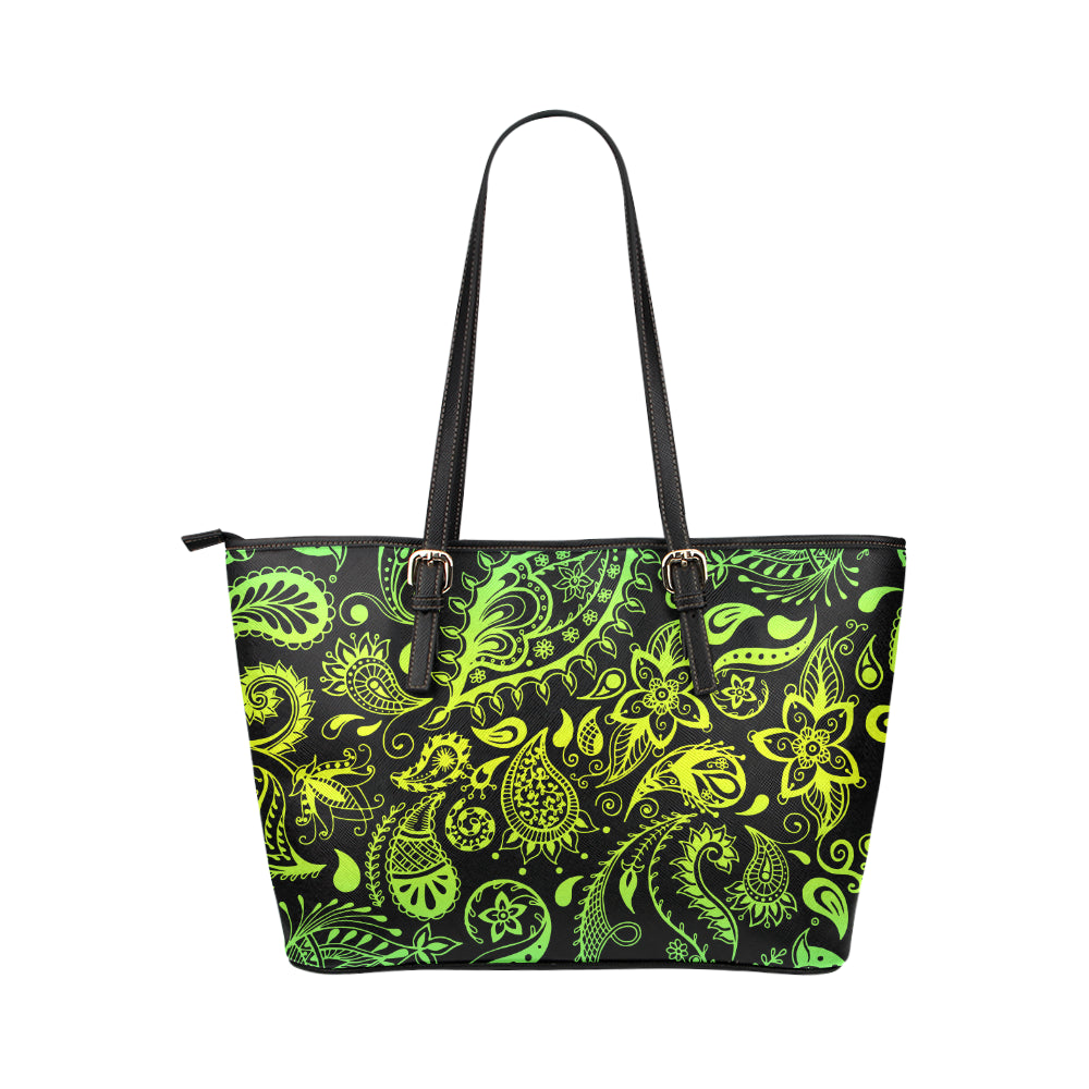 Paisley Green Design Print Leather Tote Bag