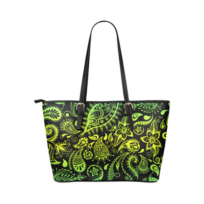 Paisley Green Design Print Leather Tote Bag