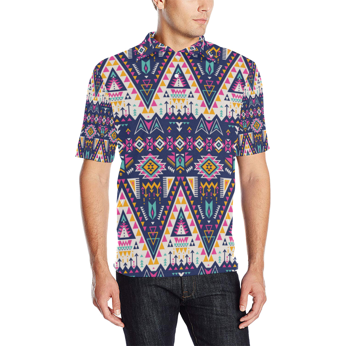 Pink Tribal Aztec native american Men Polo Shirt