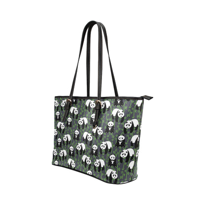Panda Bear Bamboo Themed Print Leather Tote Bag