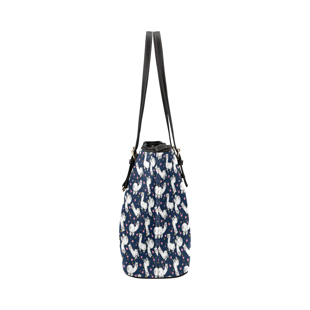 Alpaca Heart Star Design Themed Print Leather Tote Bag