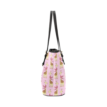 Giraffe Cute Pink Polka Dot Print Leather Tote Bag